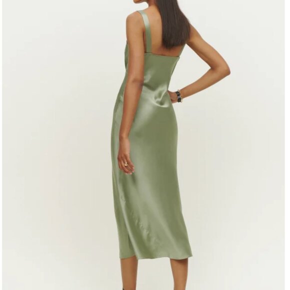 BEST Reformation Daytona Midi Dress Medium Artichoke Green Wedding Silk Slip - Picture 9 of 10